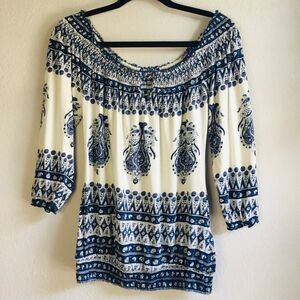 Lucky brand 100% cotton paisley blue and creamy white top hippie boho bohemian